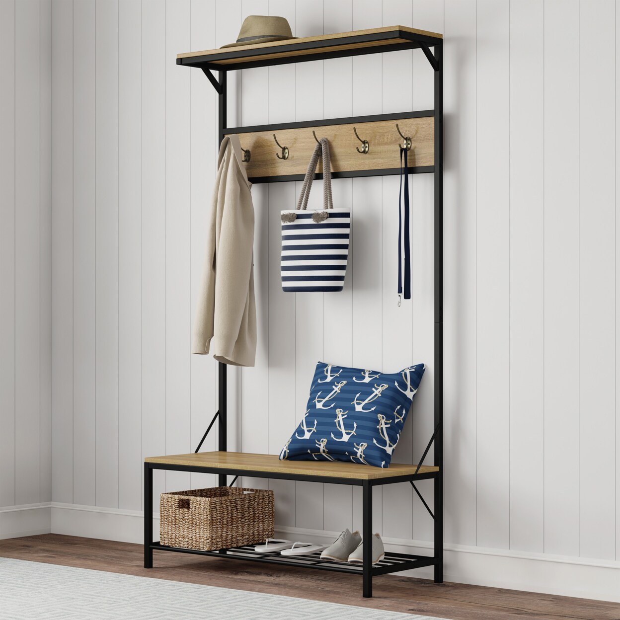 Lavish Home Entryway Storage Bench- Metal Hall Tree with Seat, Coat Hooks  and Shoe Storage