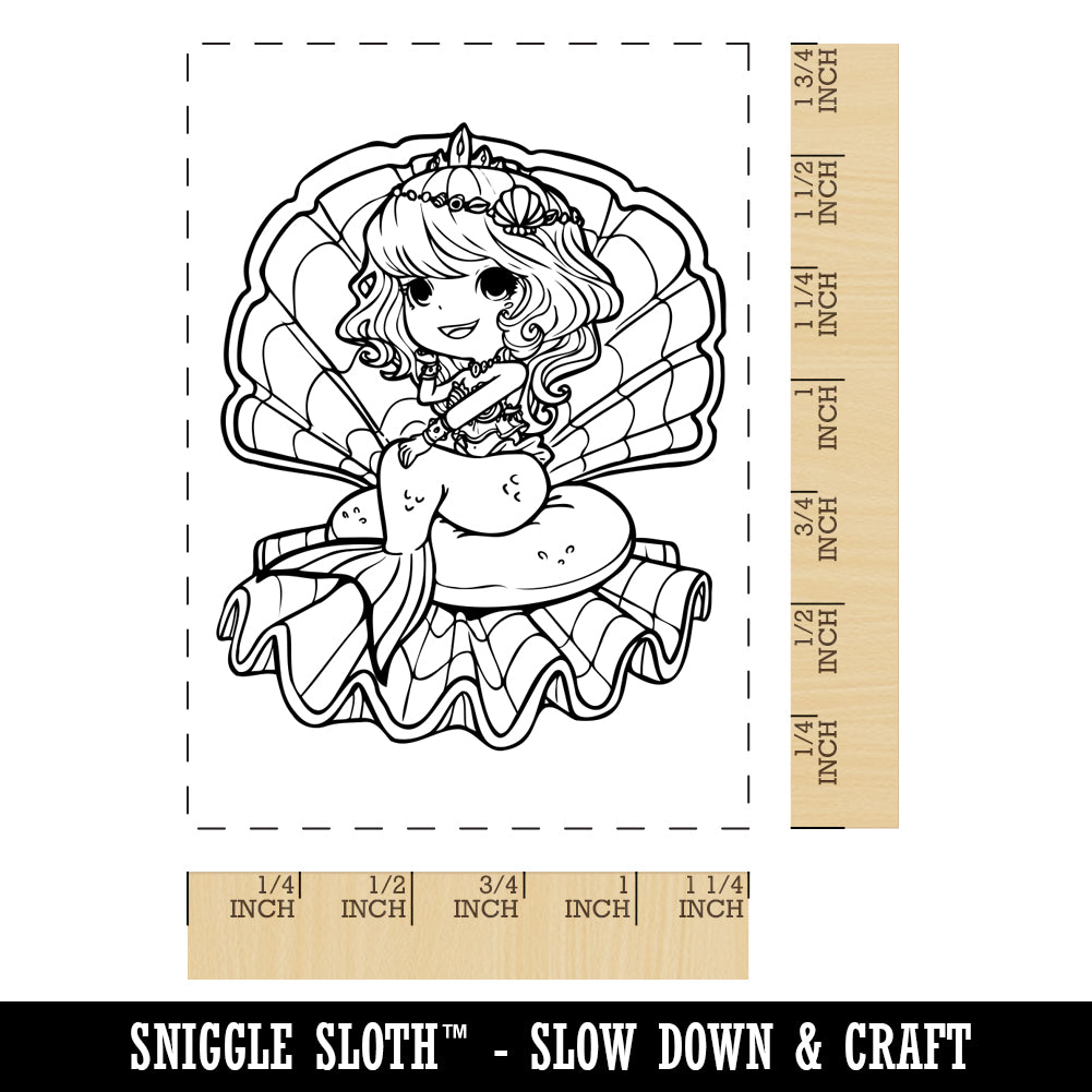 Fancy Kawaii Chibi Mermaid Princess in Giant Clam Shell Rectangle Rubber Stamp for Stamping Crafting