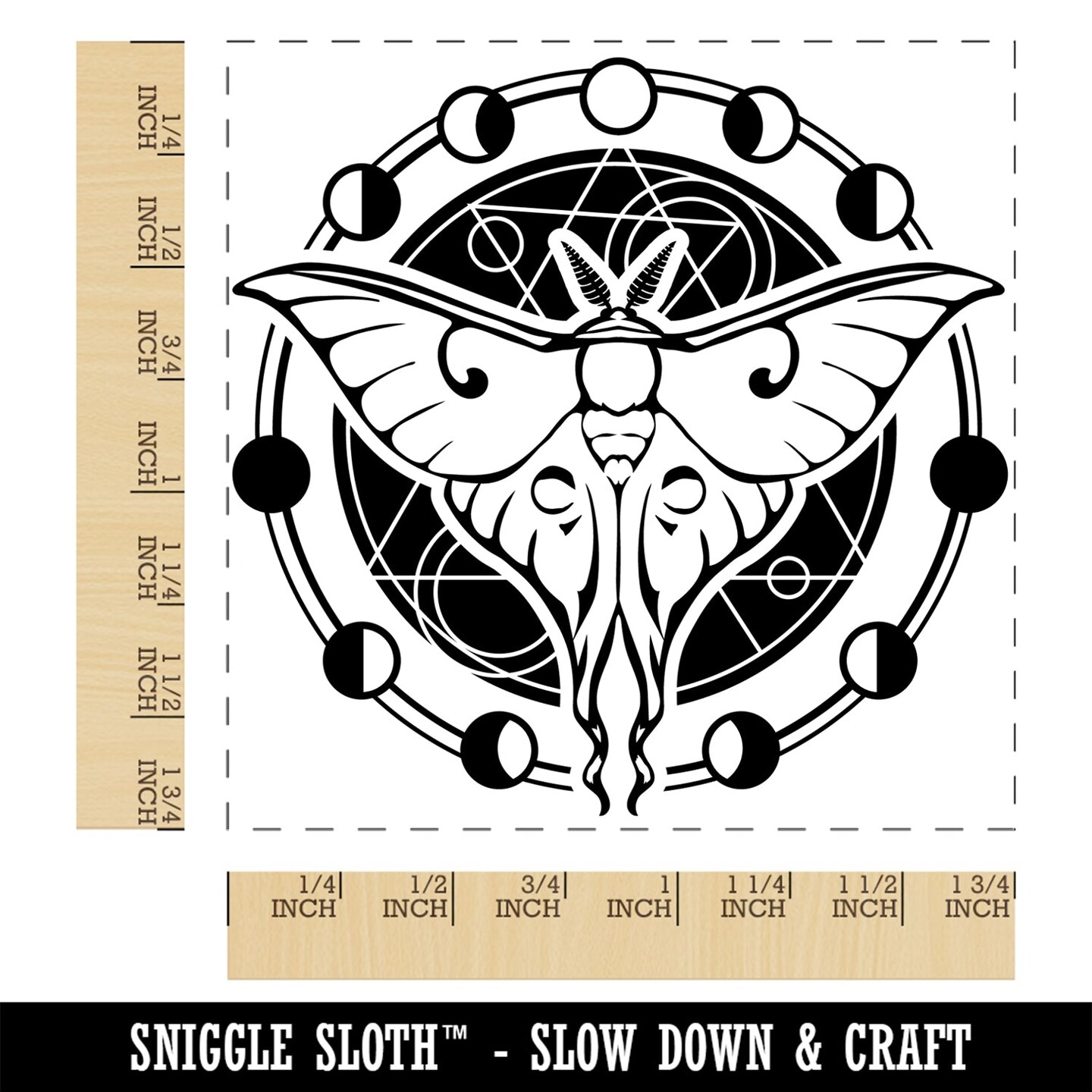 Lunar Moth Moon Phases Waning Waxing Crescent Square Rubber Stamp for