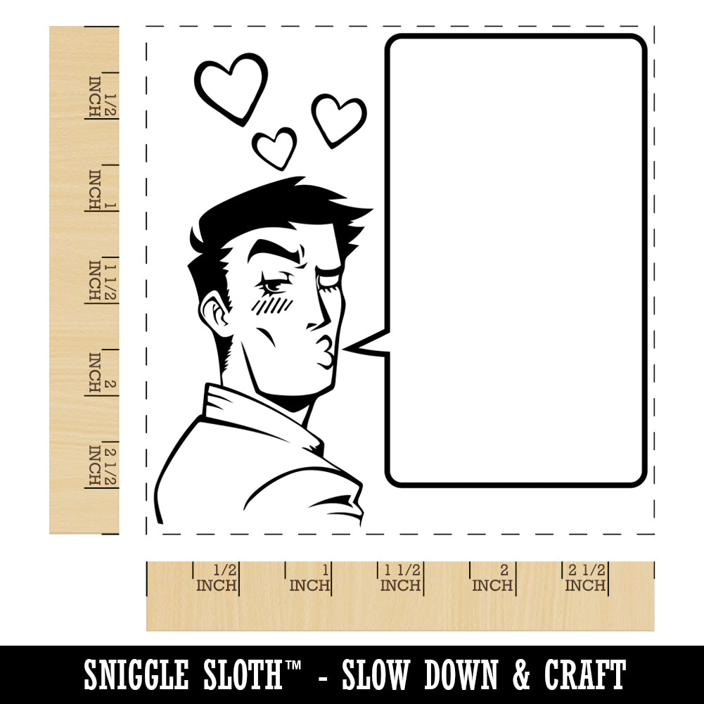 Flirty Manga Man with Empty Speech Text Bubble Square Rubber Stamp for Stamping Crafting