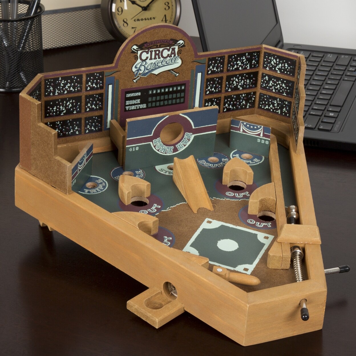 Hey! Play! Baseball Pinball Tabletop Skill Game - Classic Miniature Wooden Retro Sports Arcade Desktop Toy