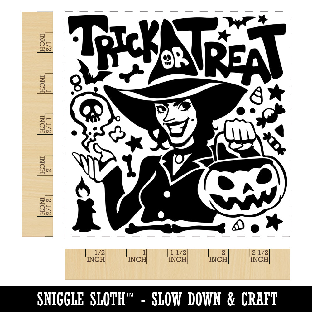 Trick or Treat Halloween Witch Square Rubber Stamp for Stamping Crafting