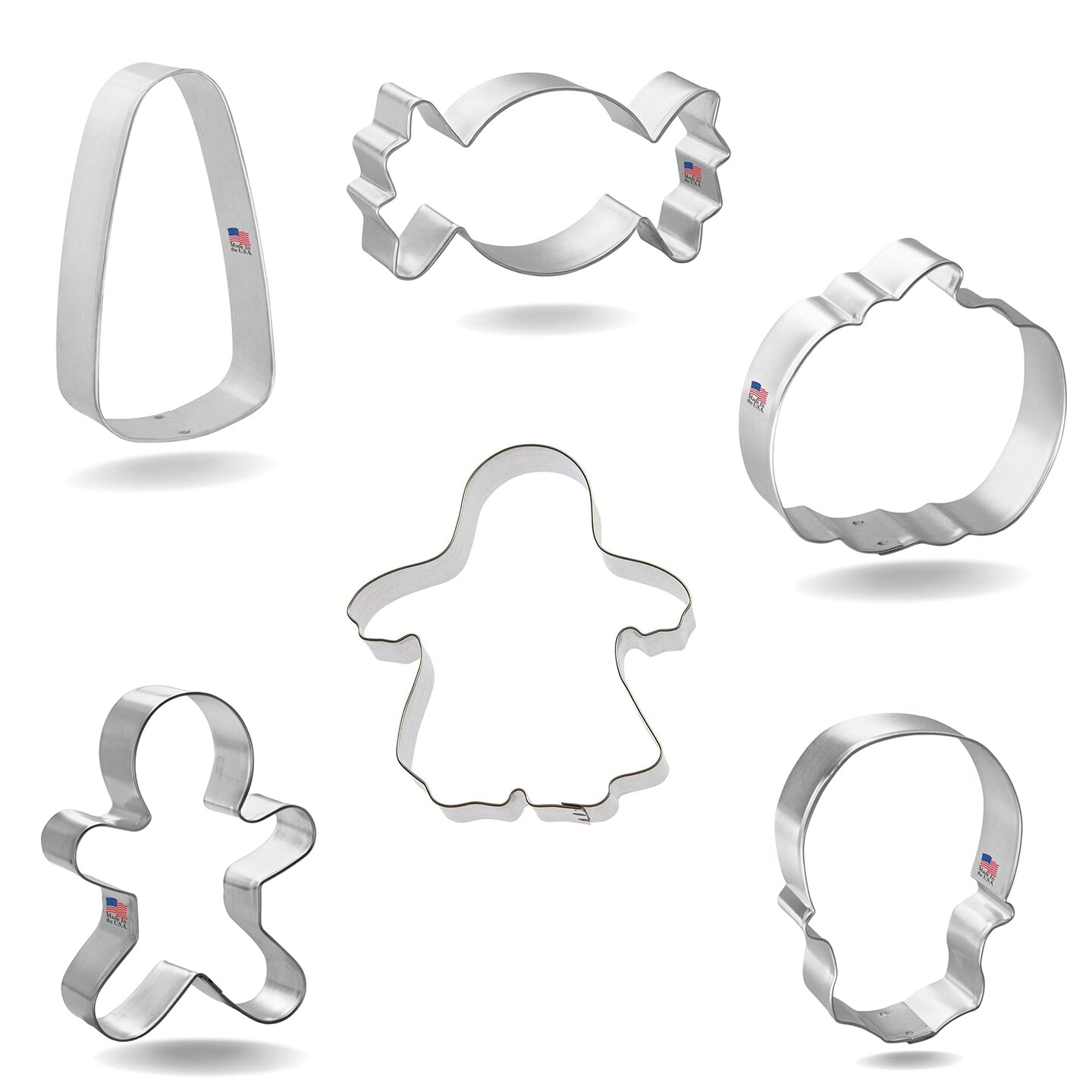 CookieCutter.Com Trick Or Treat Cookie Cutter 6 Pc Set HS0432 - 4 in Candy Corn, 3 in Pumpkin, 3.5 in Mummy Monster, 3.25 in Piece of Candy, 3.25 in Skull, 4.25 in Ghost Trick-or-Treater