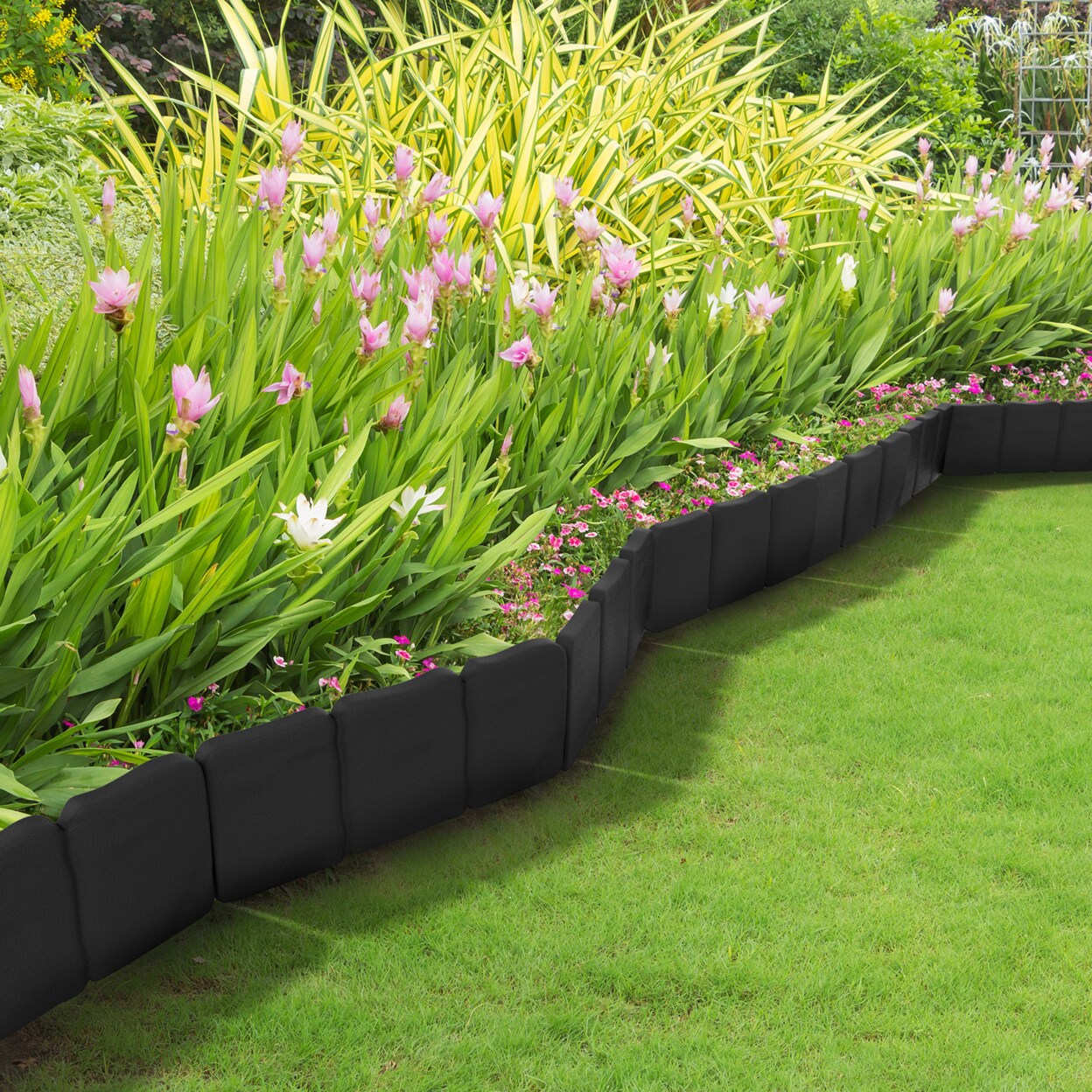 8 Feet Black Faux Stone Decorative Plastic Garden Edging 10 Piece Set Weatherproof