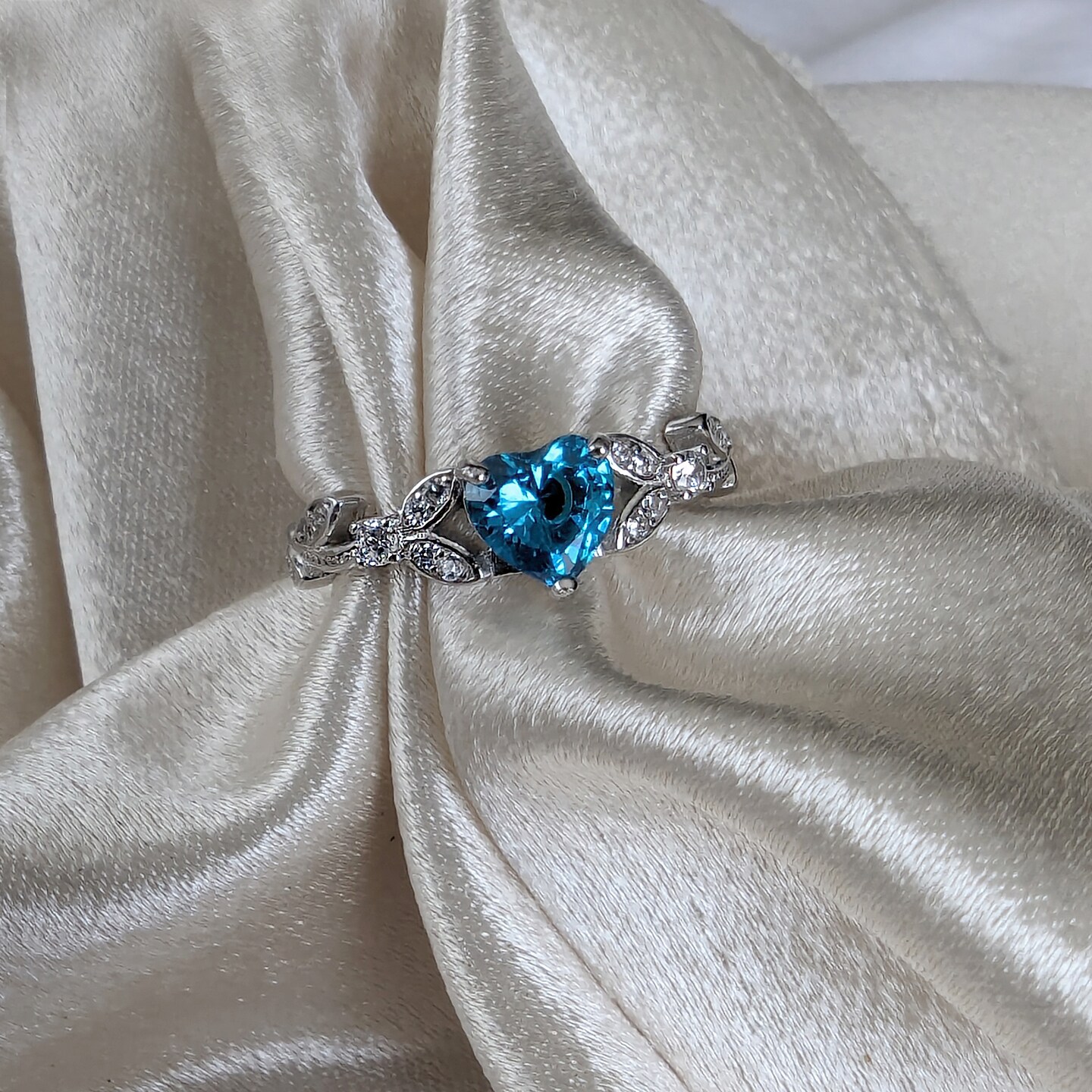 White Gold Blue Topaz Cubic Zirconia Heart Shaped Promise Ring, Engagement Ring, CZ Wedding Ring, December Birthstone product 7