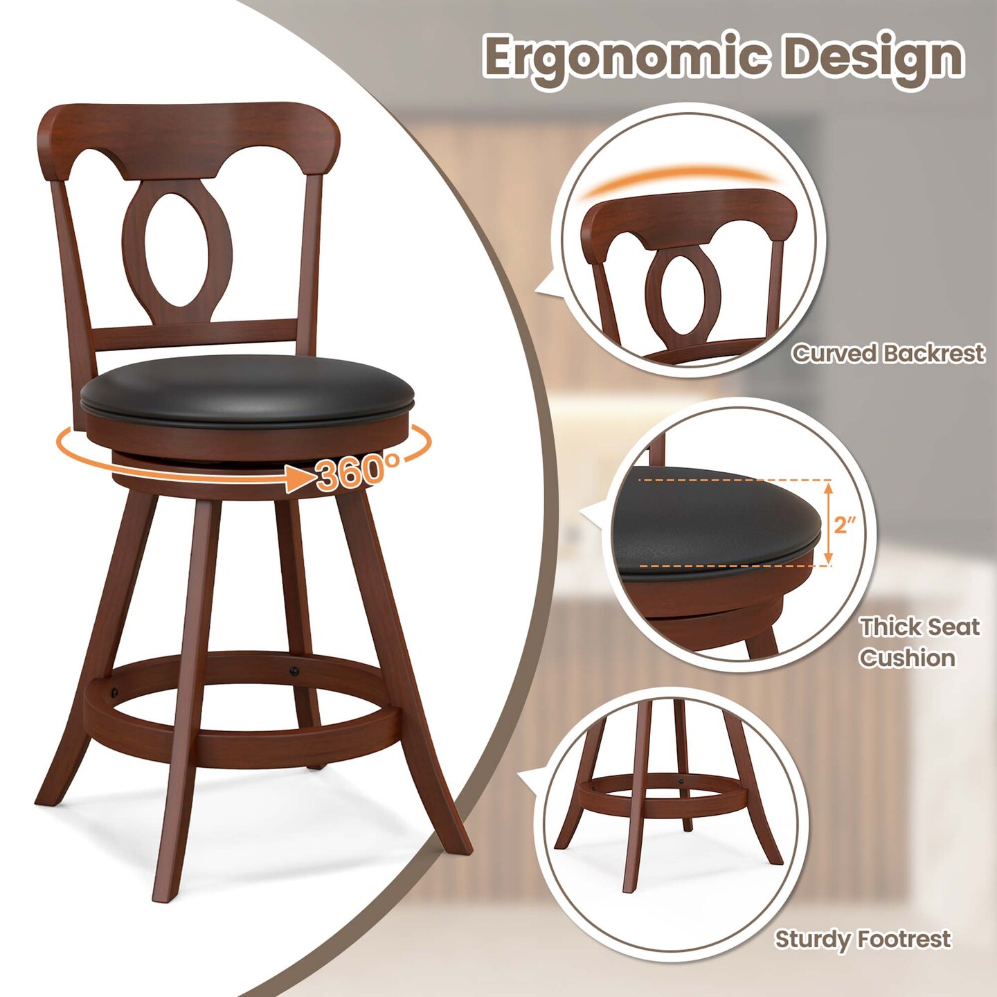 Costway Set of 2 Bar Stools  Swivel Counter Height Chairs with Footrest for Kitchen