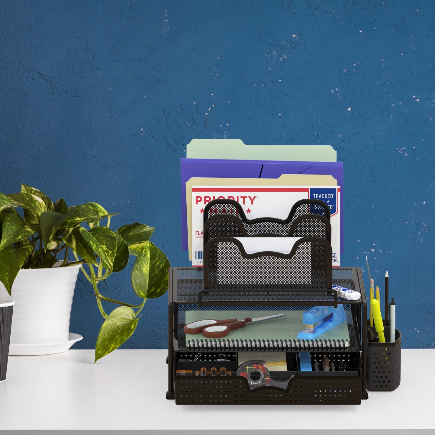 SimpleHouseware Mesh Desk Organizer with Sliding Drawer, Double Tray and 5 Stacking Sorter Sections, Black