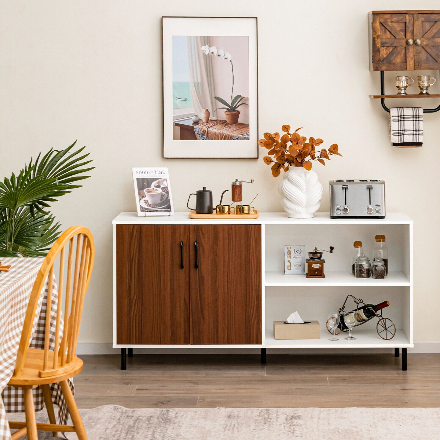 Sideboard Cabinet with Open Shelves Doors and Sturdy Metal Legs Walnut White