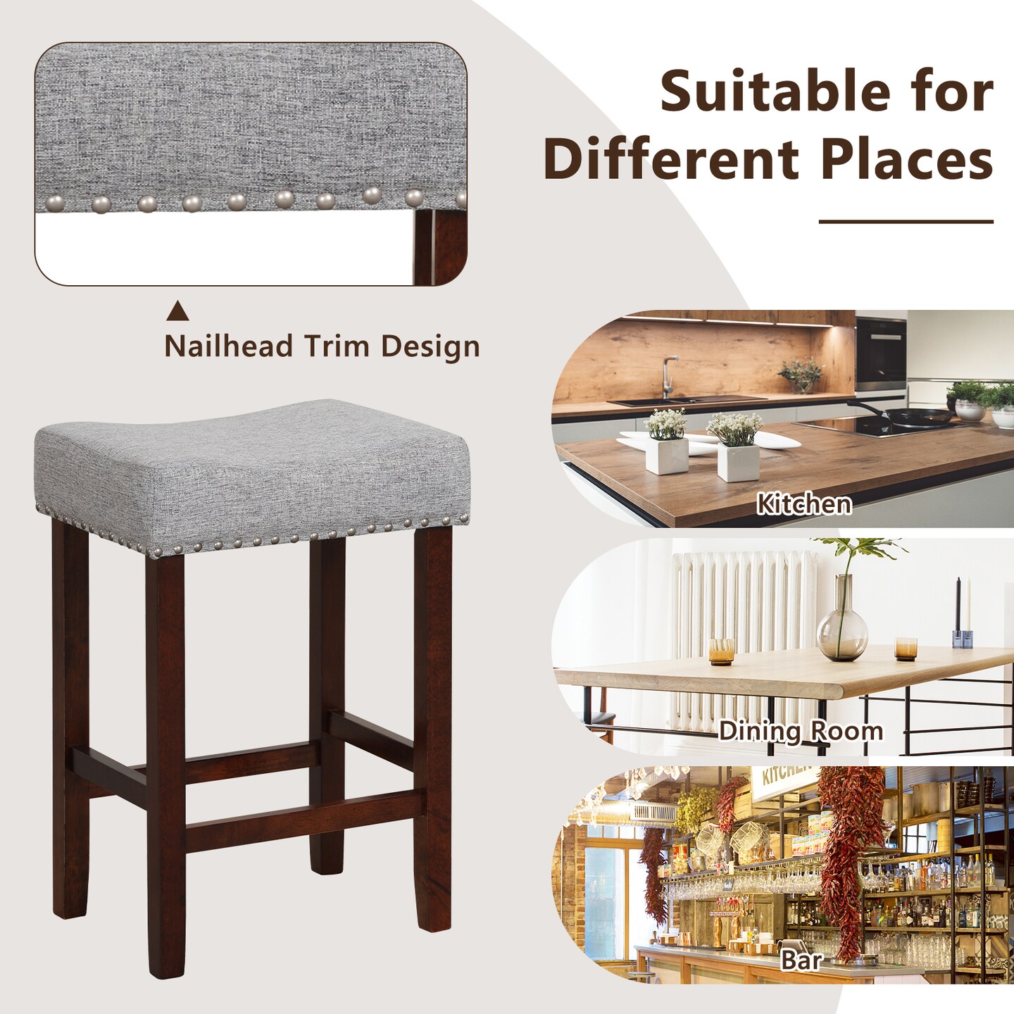 Costway Set of 2 Counter Height Bar Stools Saddle Kitchen Chairs with Wooden Legs