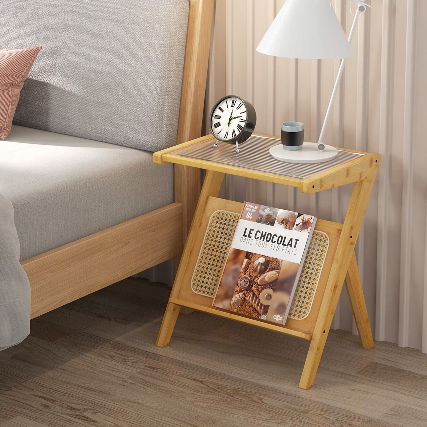Costway Rattan Side Table Bamboo Accent Bedside Table with Tempered Glass Top Walnut/Natural