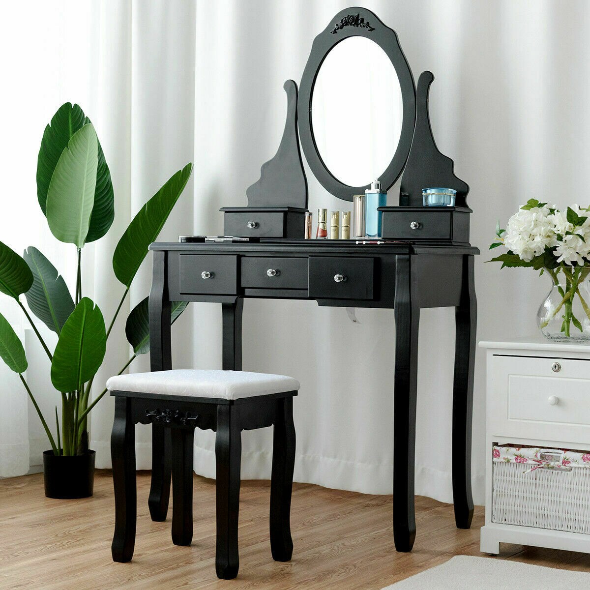 Vanity Jewelry Wooden Makeup Dressing Table Set W/Stool Mirror And 5 Drawers Black