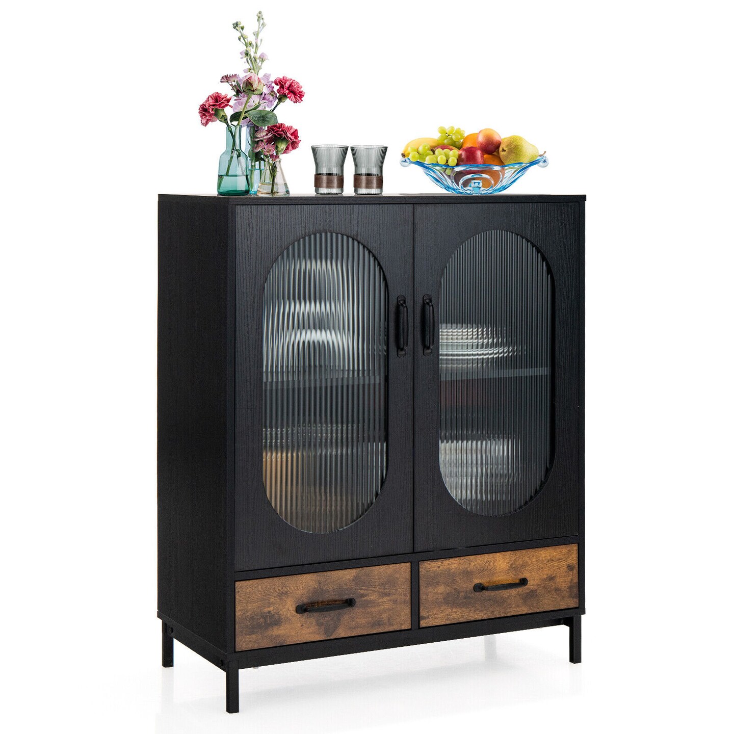 Kitchen Industrial Buffet Sideboard With Tempered Glass Doors