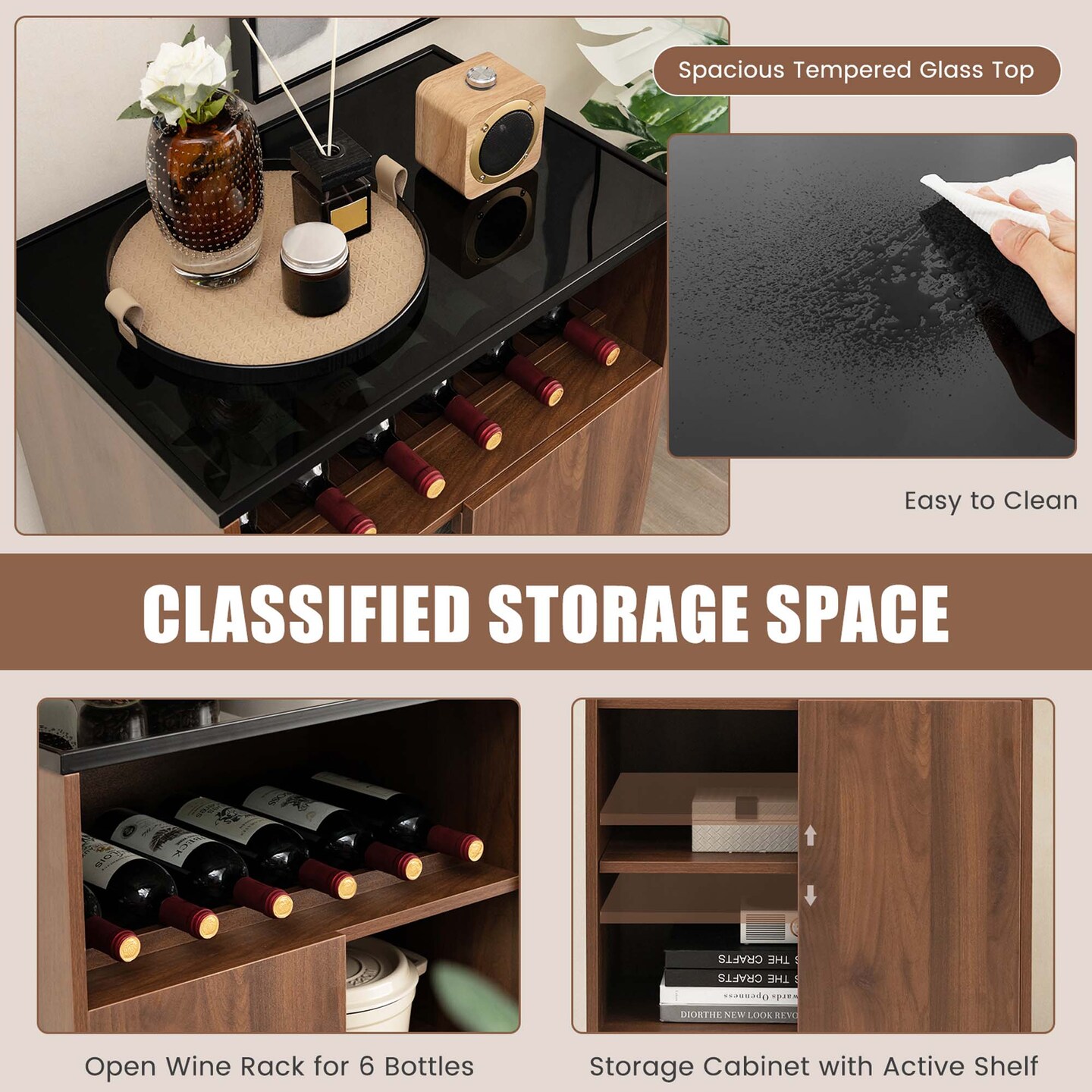 Costway Wine Storage Cabinet Buffet Sideboard with Adjustable Shelf &#x26; Sliding Door Kitchen