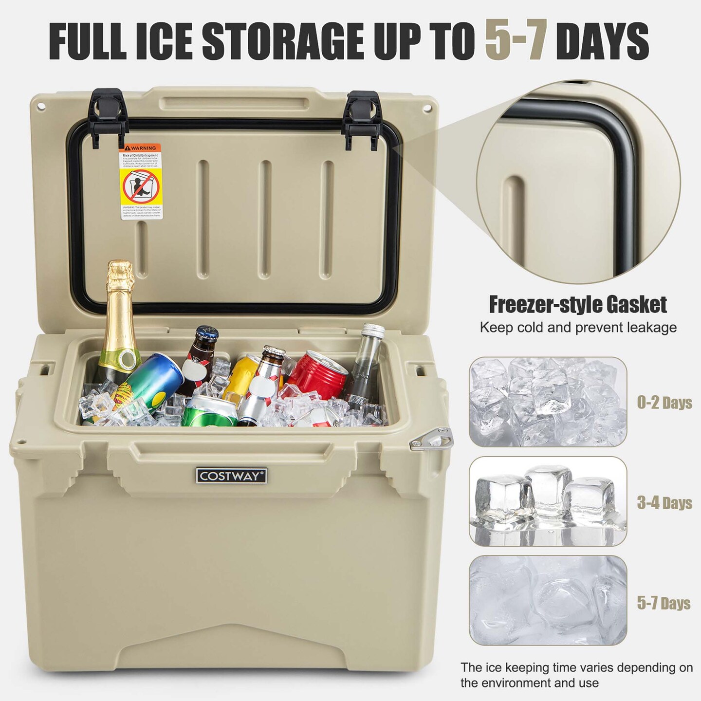 Costway 25 QT Portable Cooler Rotomolded Ice Chest Insulated Ice Box for 5-7 Days Charcoal/Tan
