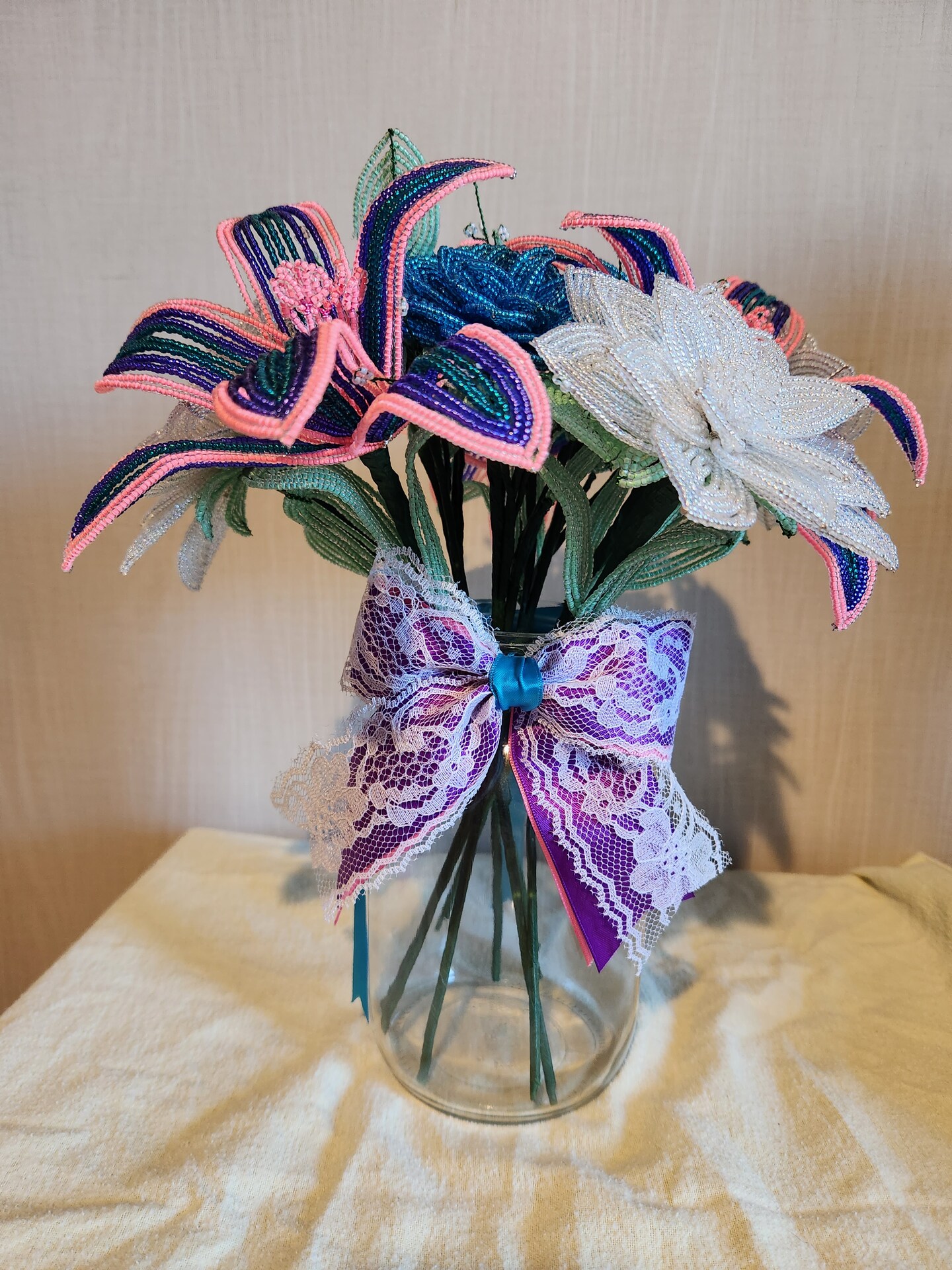 French beaded flowers Mason jar bouquet with bow | MakerPlace by