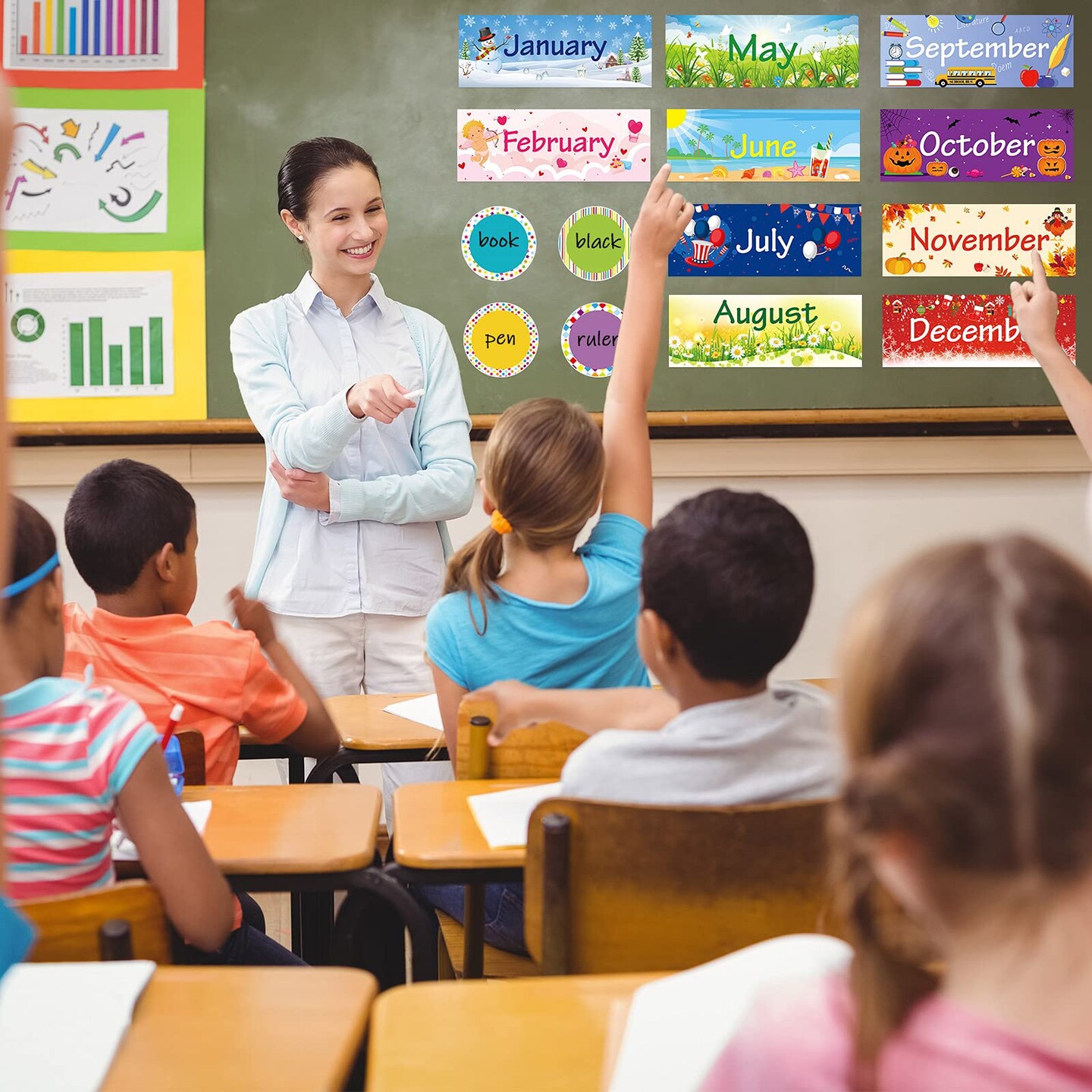 48 PCS Holiday Monthly Headliners Set 12 Months of The Year Headers Monthly Bulletin Board Borders Seasonal Monthly Headers with 36 Round Blank Confetti Cutouts for School Bulletin (Cute Style)