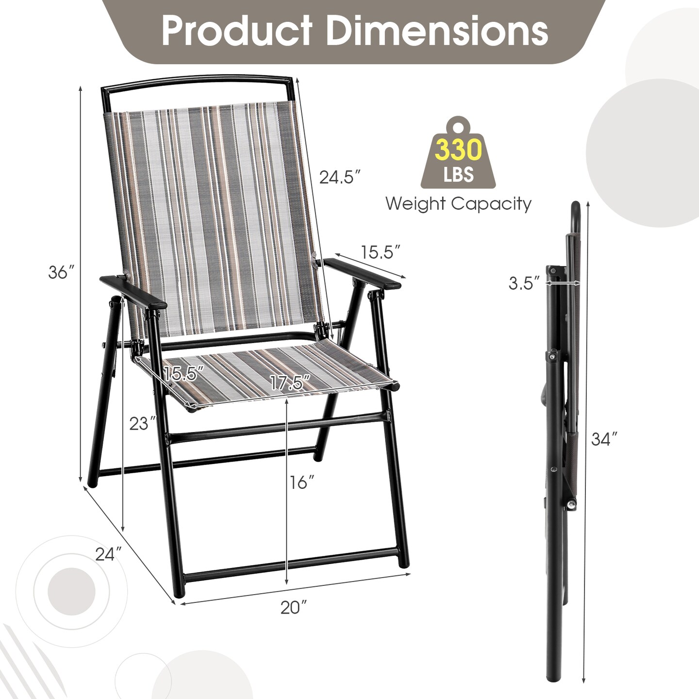 Set of 2 Patio Folding Sling Chairs Space-saving Dining Chair-Grey