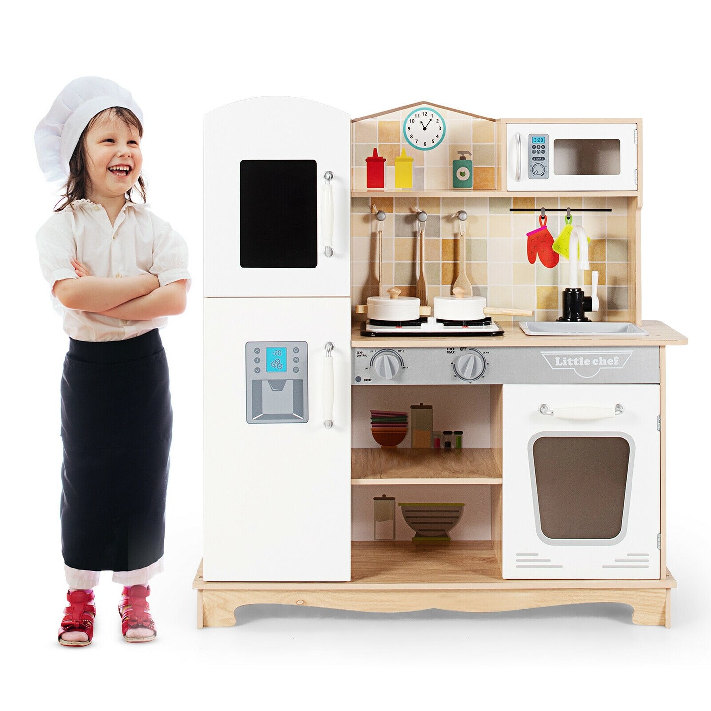 White Natural Kids Kitchen Playset with Stove Oven Sink and Cooking Accessories