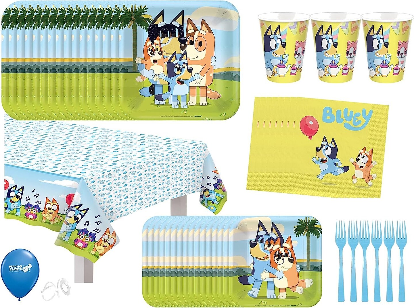 Bluey Birthday Party Supplies | Bluey Party Decorations | Bluey Party Supplies | Bluey Birthday Decorations | | With Bluey Tablecover, Bluey Plates, Bluey Cups, Bluey Napkins, and Forks - Serves 16 Guests (Pack for 16)