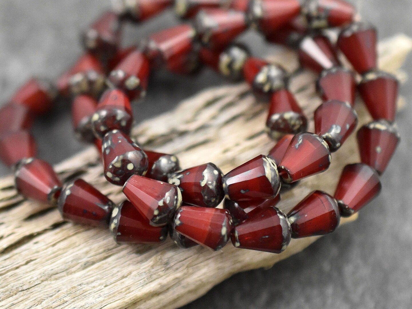 *15* 6x8mm Red Opaline Picasso Vertical Teardrop Beads