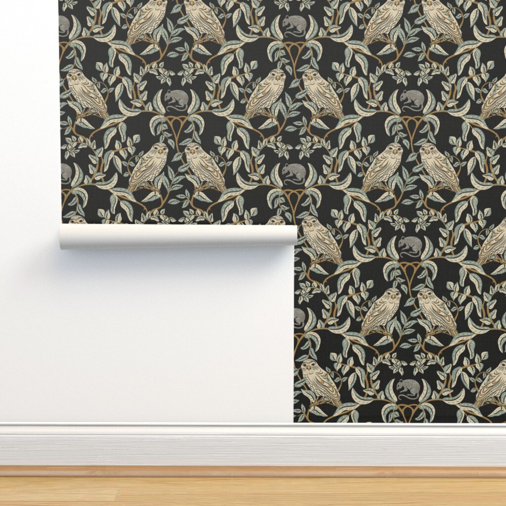 Little Owl Damask William Morris Farmhouse Arts And Crafts Birds Of Prey Soft Green Transitional Climbing Vines Custom Removable Wallpaper by Spoonflower Peel & Stick Wallpaper 2FT Wide
