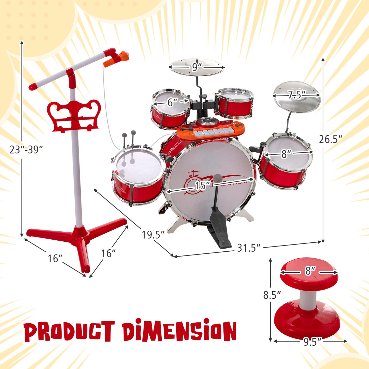 Jazz Drum Musical Instrument Set with Stool and Microphone Stand Ideal for Kids Birthday or Others Occasions