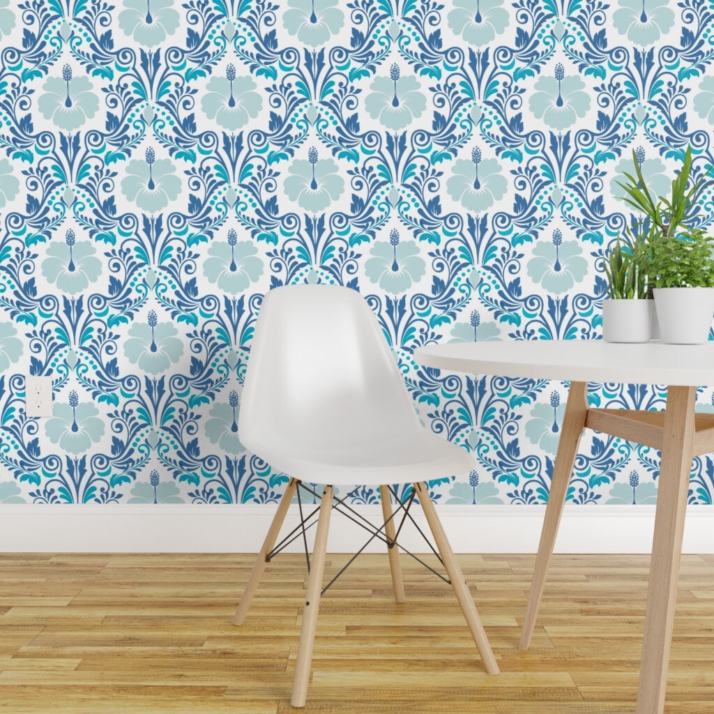 Pre-Pasted Wallpaper 2FT Wide Floral Damask Hibiscus Blue Monochrome ...