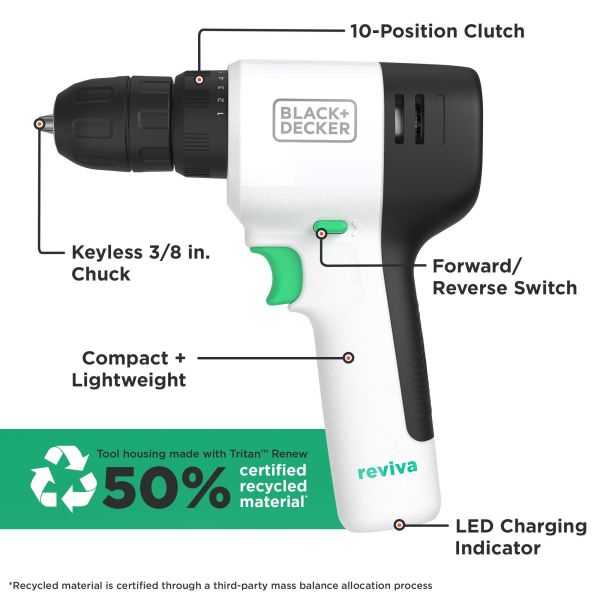BLACK+DECKER Reviva 12V MAX* Cordless Drill with Charger and Double-Ended Screwdriver Bit (REVCDD12C)