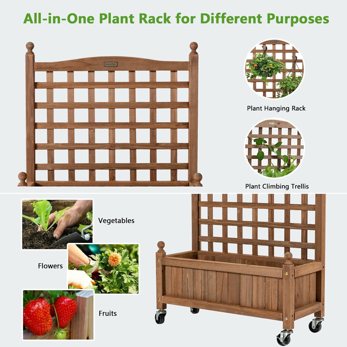 Natural Fir Wood Planter with Climbing Trellis and Wheels 25 Inch Mobile Garden Bed