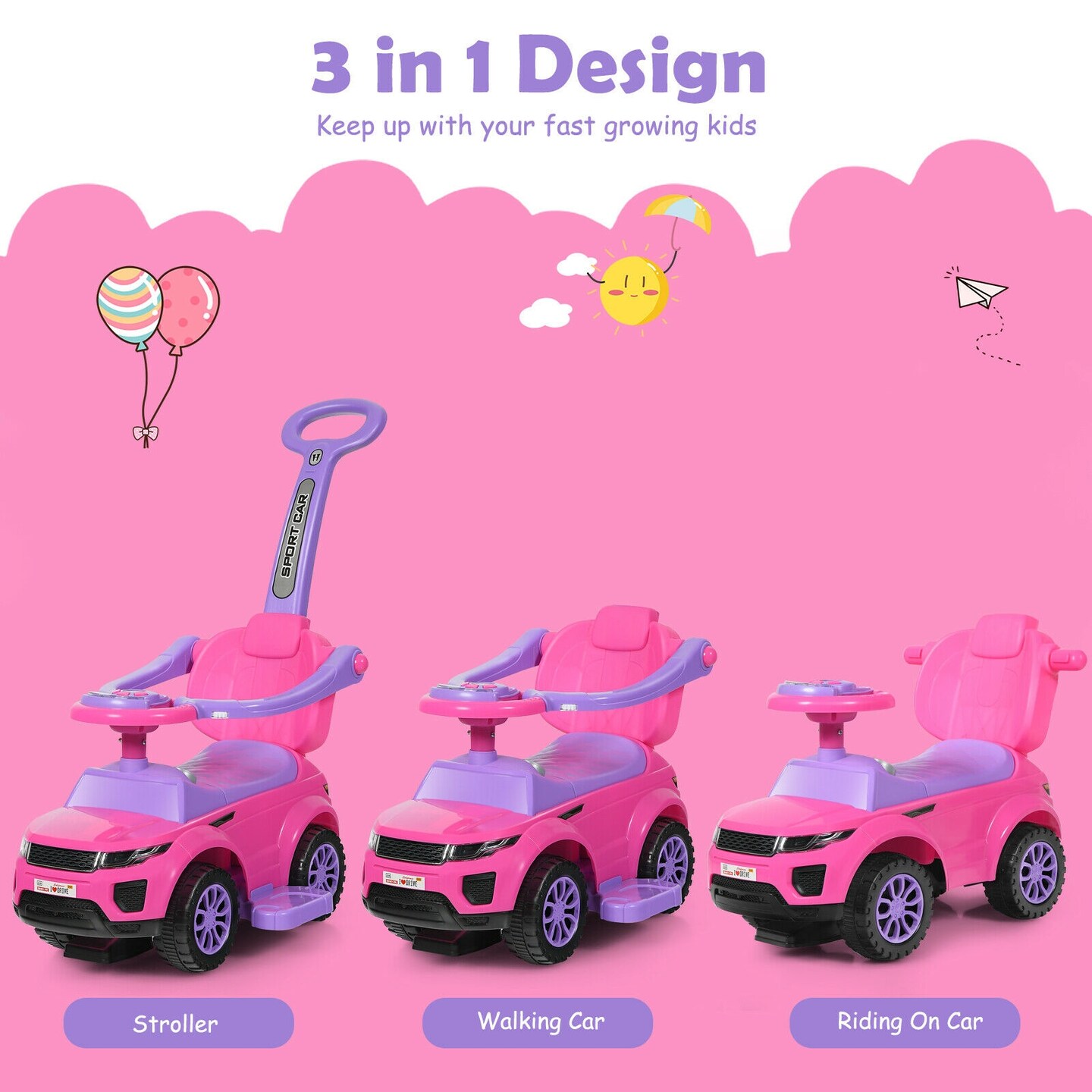Honey Joy 3 in 1 Ride on Push Car Toddler Stroller Sliding Car with Music