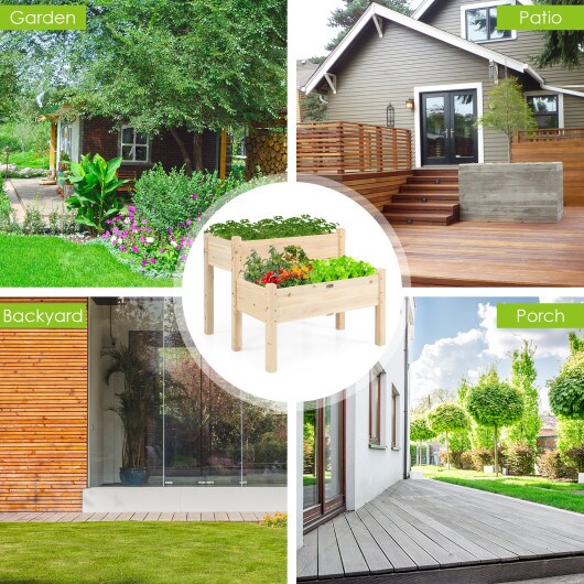 2 Tier Wooden Raised Garden Bed with Multiple Draining Holes Suitable for Yards or Porches