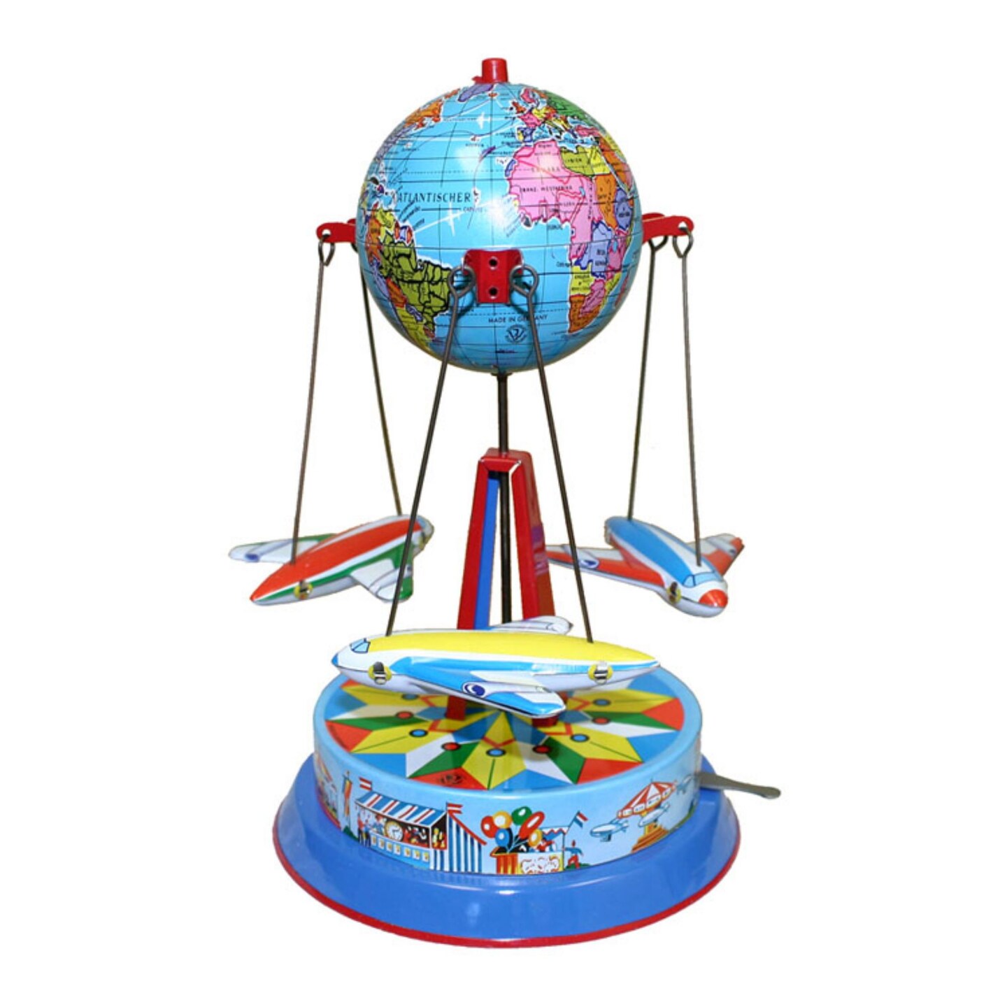 Alexander Taron Holiday Seasonal Decorative German Collectible Tin Toy - Carousel with Planes - 8&#x22;Hx6&#x22;Wx6&#x22;D