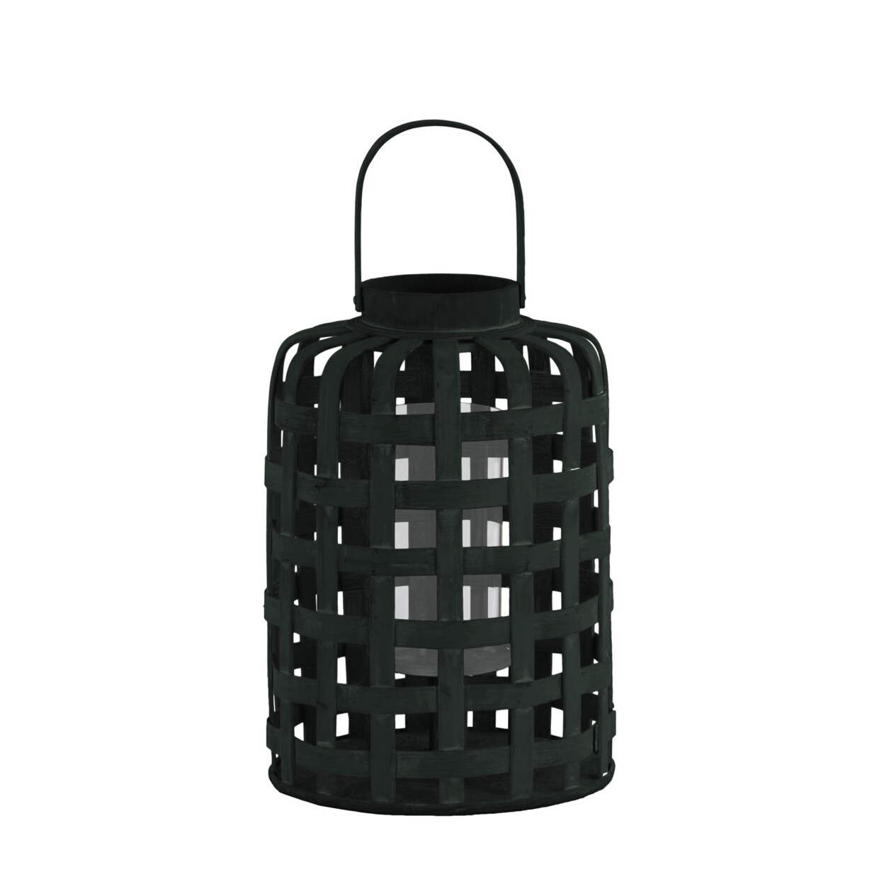 Urban Trends Collection Wood Round Lantern with Lines Latice Design Body with Handle Small Coated Finish Black