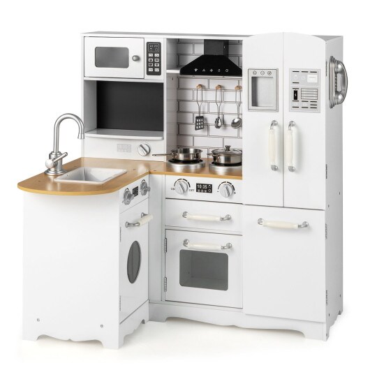 Wooden Kid&#x27;s Corner Kitchen Playset with Stove for Toddlers-White