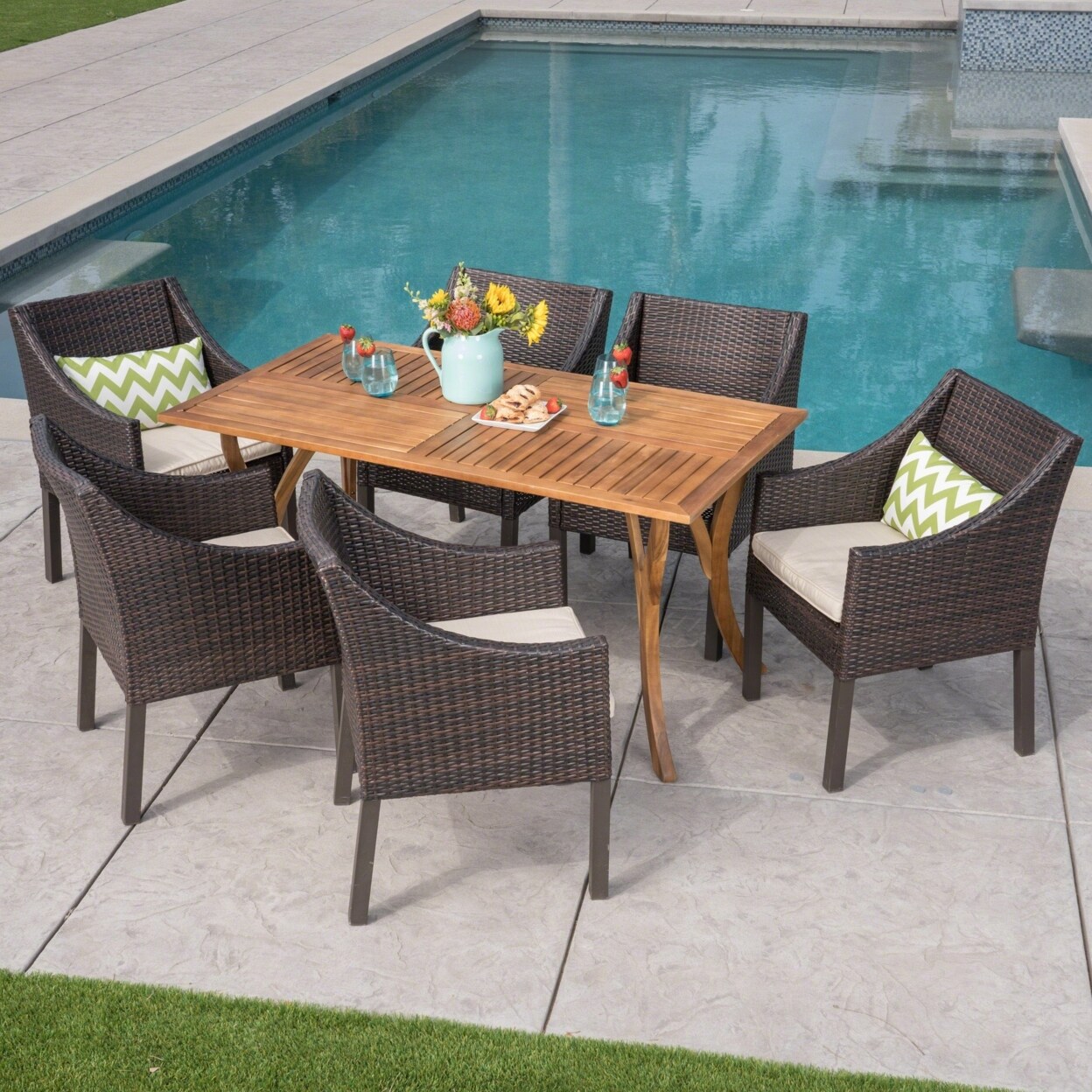 GDFStudio Abel Outdoor 7 Piece Acacia Wood/ Wicker Dining Set with Cushions, Teak Finish and Multibrown with Beige