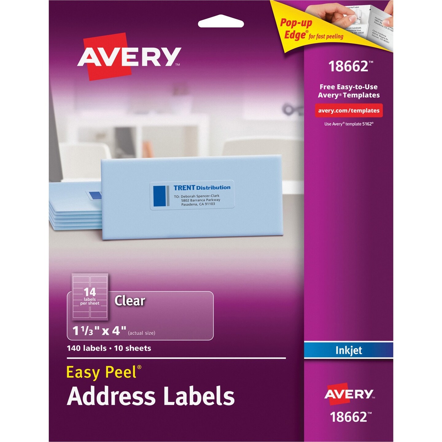 Avery Easy Peel Mailing Labels for Inkjet Printers 1 1/3x4 Clear 140 per Pack