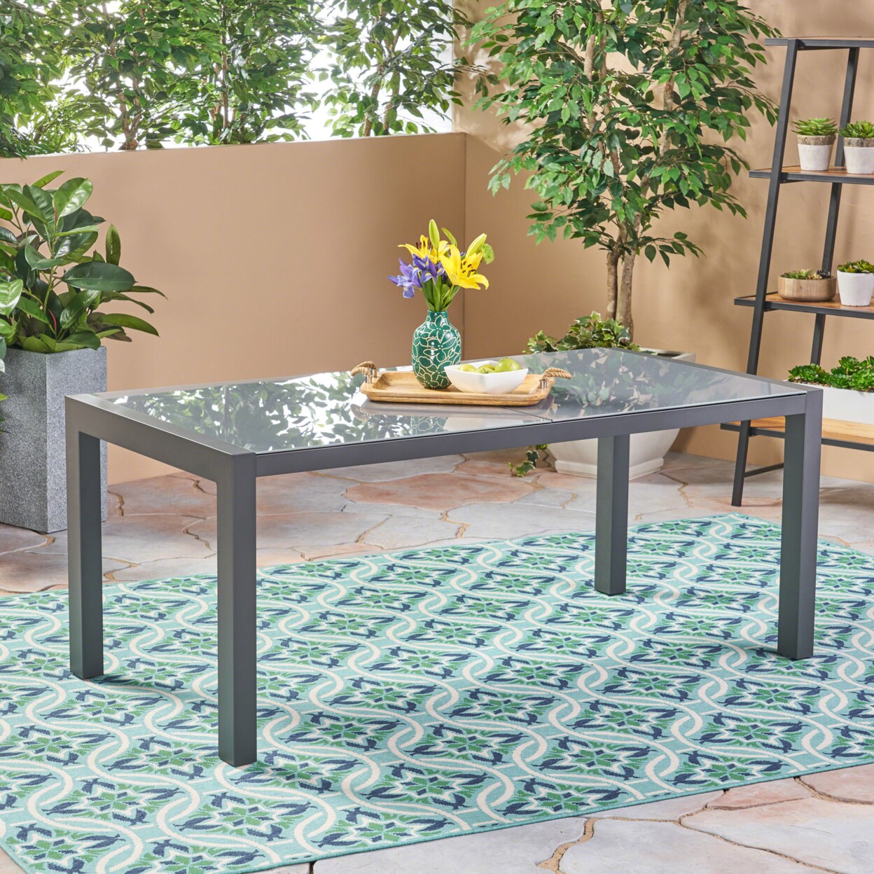 GDFStudio Eli Outdoor Tempered Glass Dining Table with Aluminum Frame