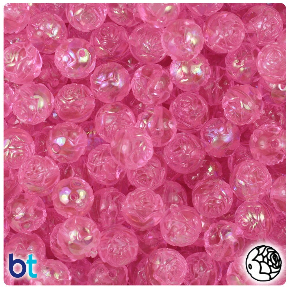 BeadTin Pink Transparent AB 9mm Rosebud Plastic Craft Beads (100pcs)