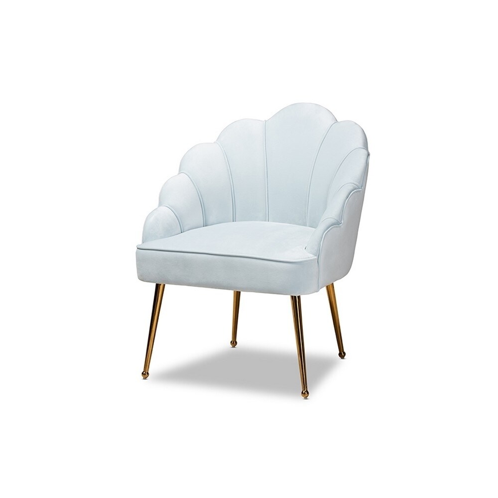 Baxton Studio Cinzia Glam and Luxe Light Blue Velvet Fabric Upholstered Gold Finished Seashell Shaped Accent Chair
