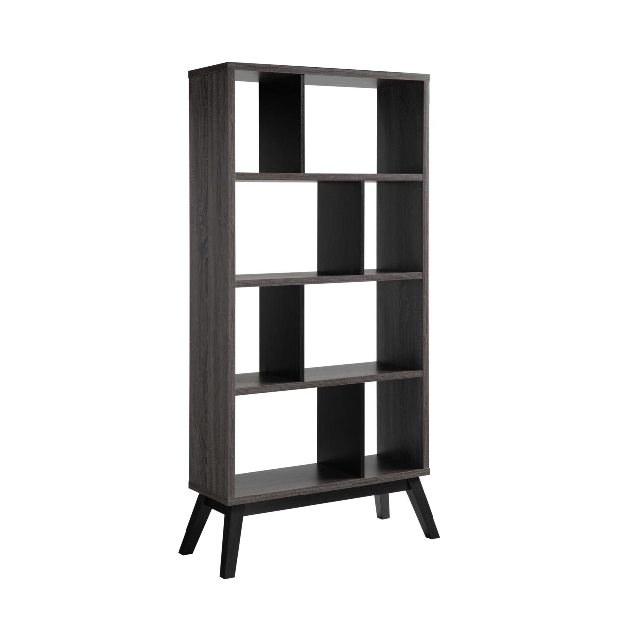 Saltoro Sherpi 65 Inch Modern Bookcase, Four Shelves with Dividers, Flared Legs, Gray-