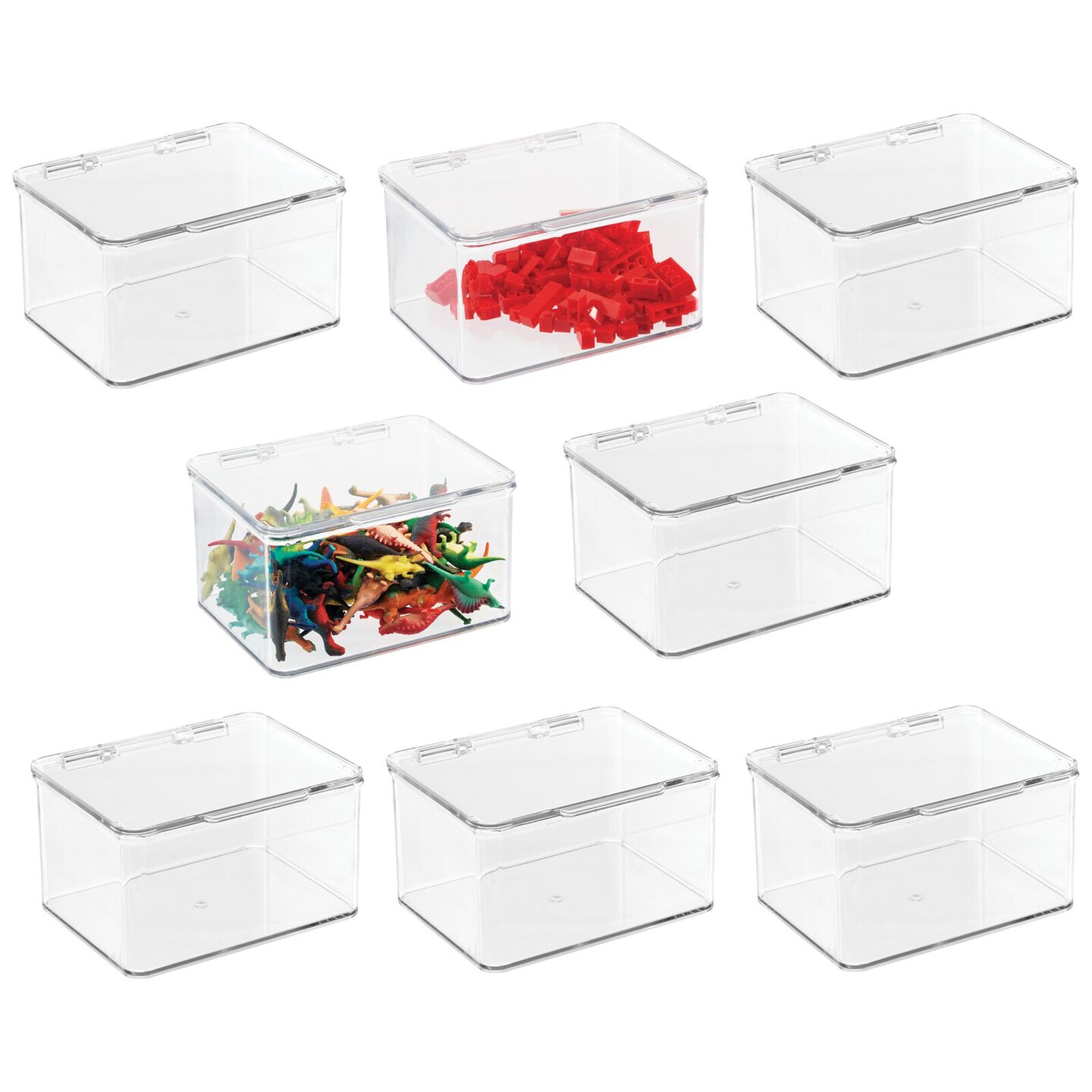 mDesign Plastic Stackable Toy Storage Bin Box with Hinge Lid, 8 Pack - Clear