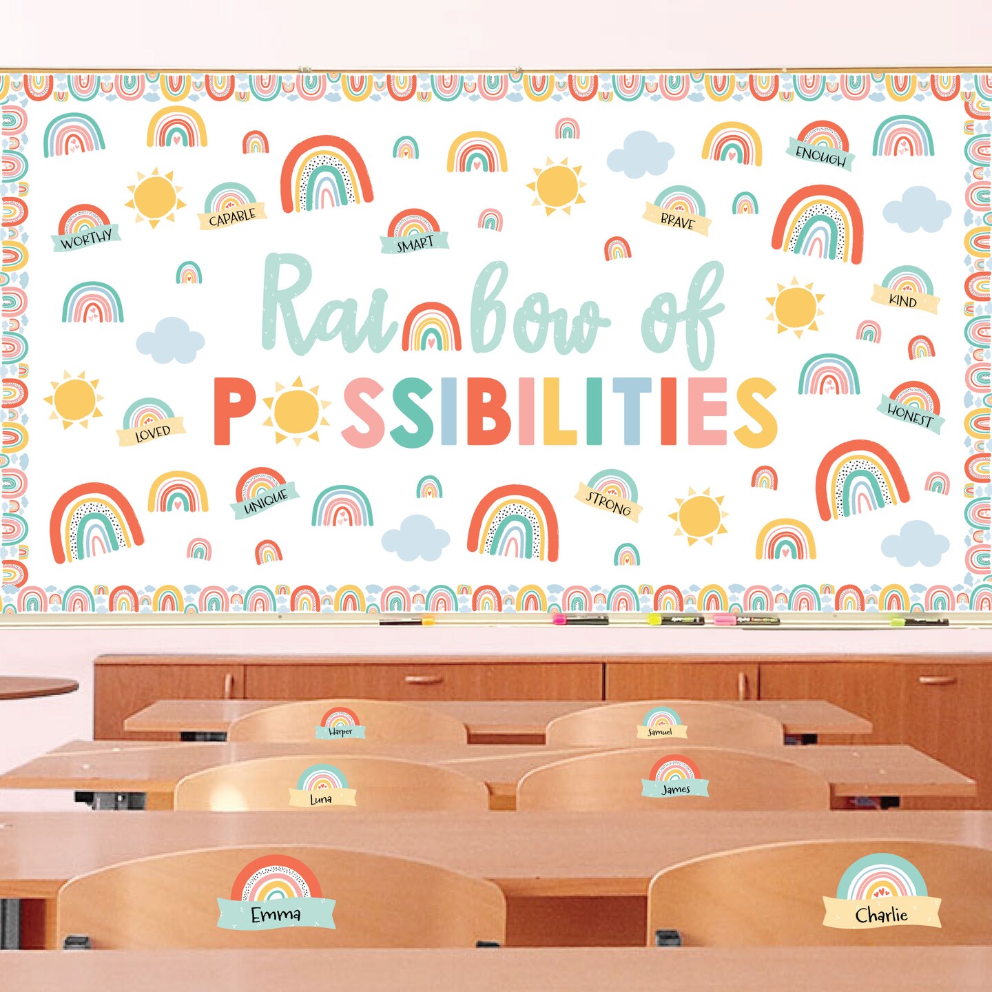 Big Dot of Happiness Pastel Boho Rainbow School Bulletin Board Set Classroom Decoration Kit