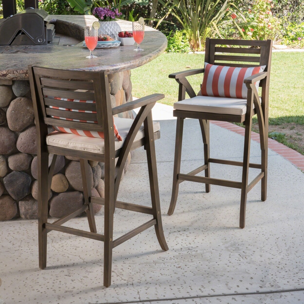 GDFStudio Joye Outdoor Acacia Wood Barstool Set of 2 Grey with