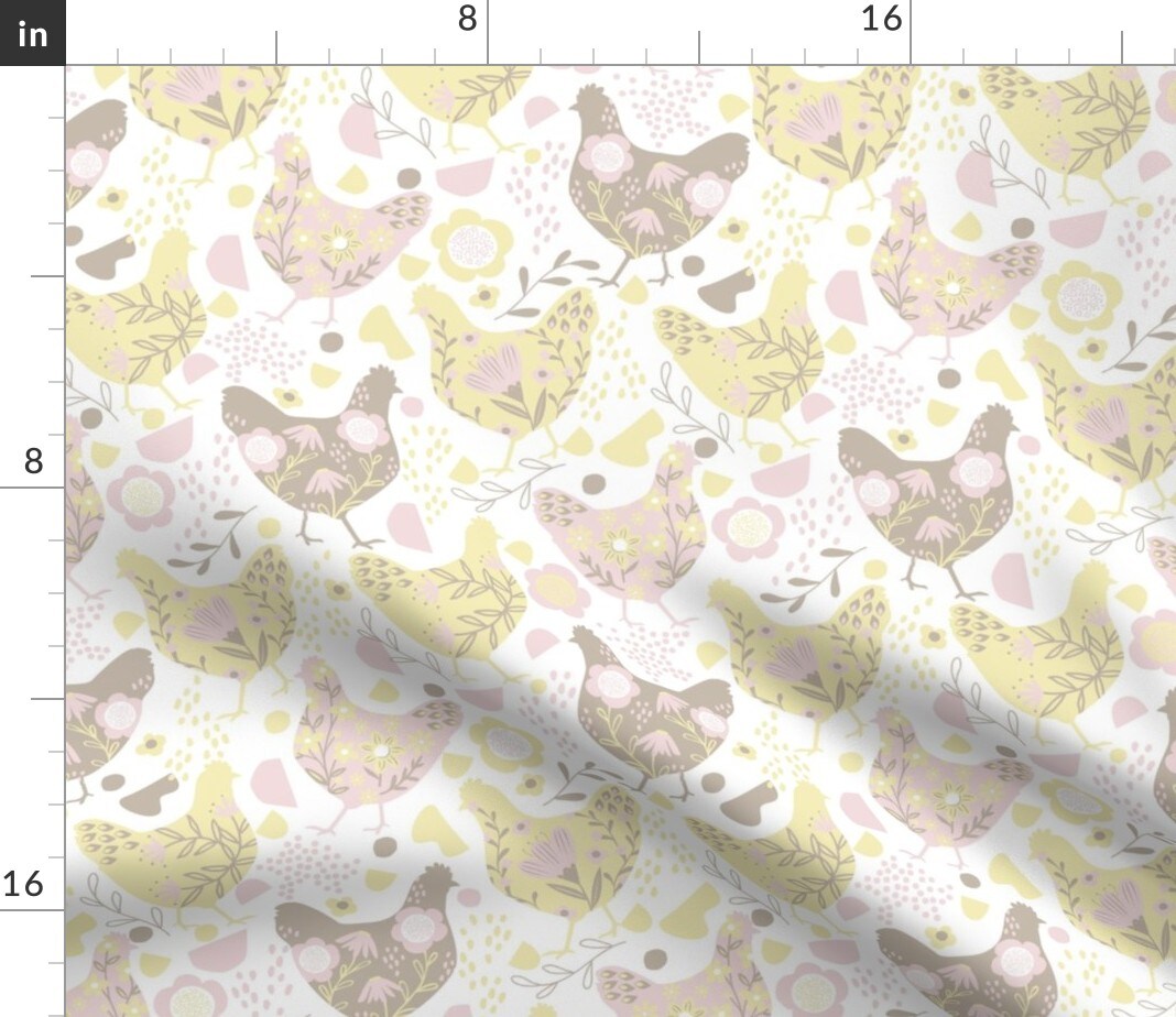 Shabby Chic Chickens Pastel Pink Yellow Feminine Cheerful Playful Delicate Romantic Custom Printed Fabric by Spoonflower Various Fabrics by the Yard or Fat Quarter