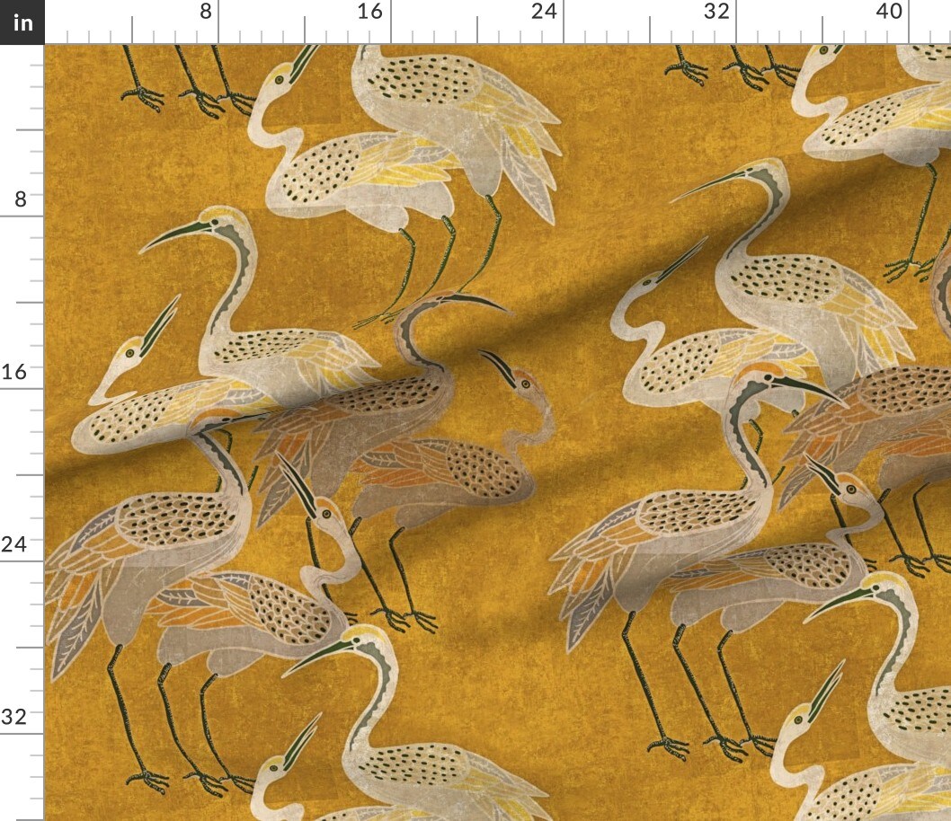 Chinoiserie Crane Egret Heron Distressed Mustard Large Scale Elegant Traditional Custom Printed Fabric by Spoonflower Various Fabrics by the Yard or Fat Quarter
