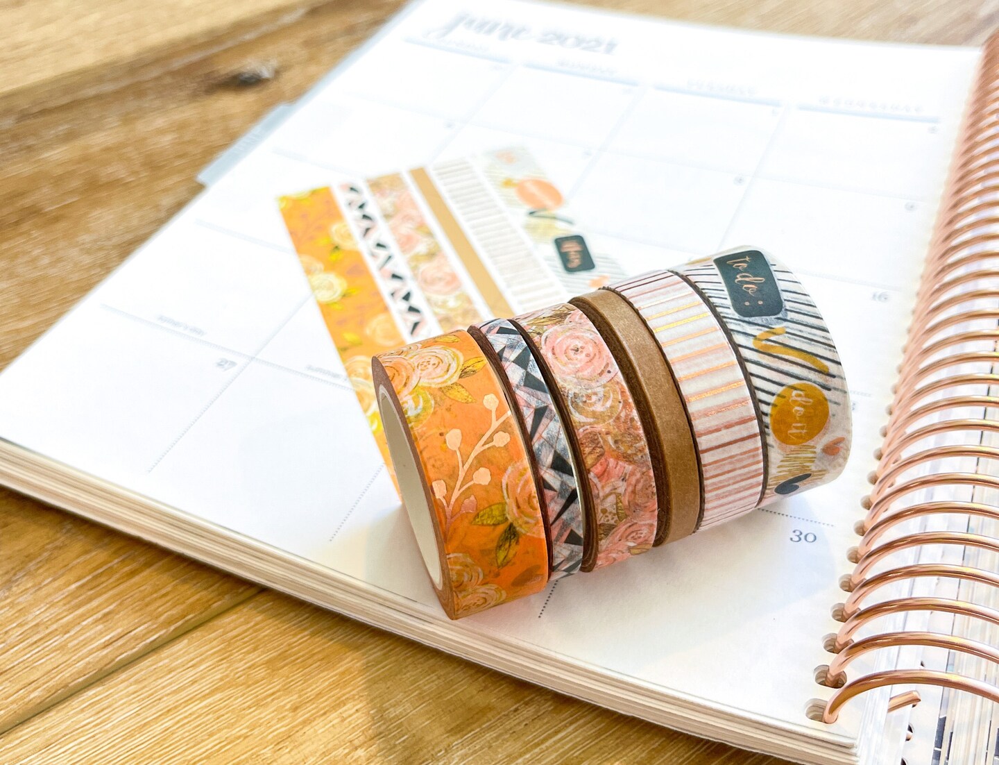 FOILED Peach Floral &#x26; Rose Gold Stripes Washi Tape Set (#W060)