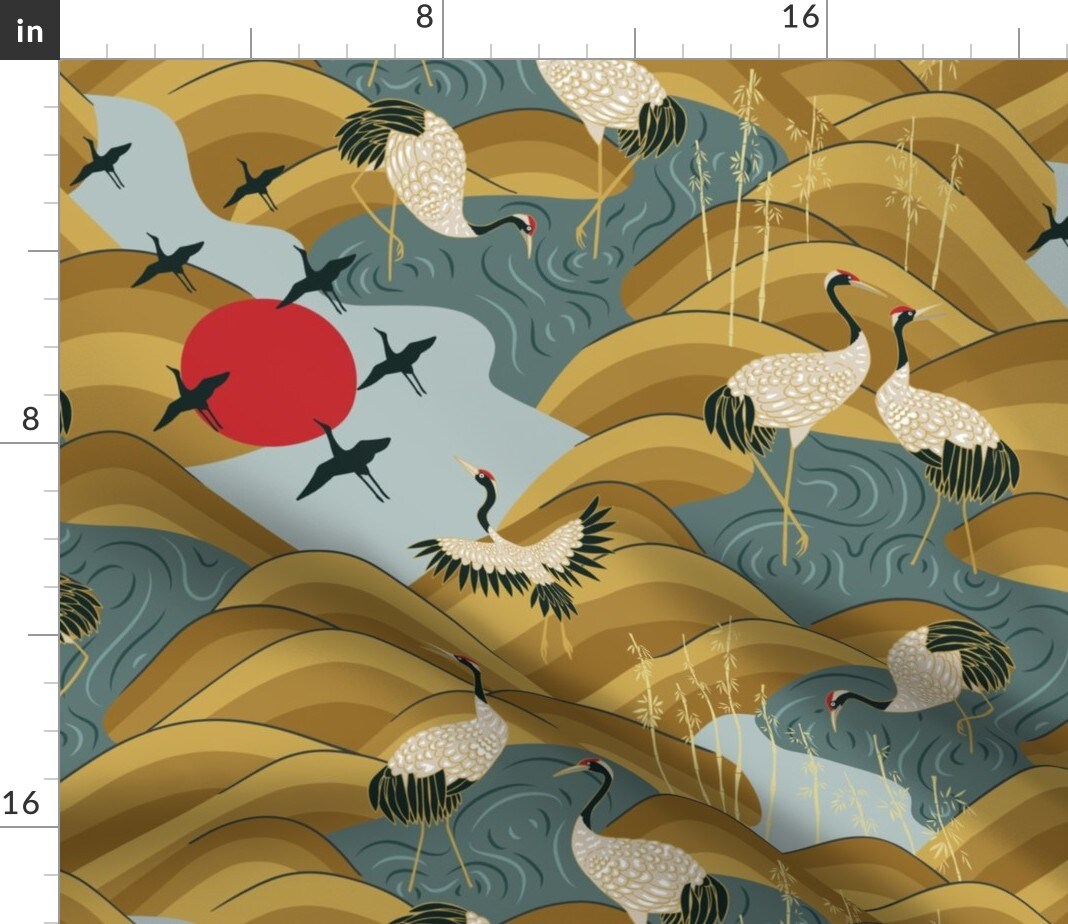 Cranes And Egret Chinoiserie Mustard Gold Sandhill Crane Custom Printed Fabric by Spoonflower Various Fabrics by the Yard or Fat Quarter