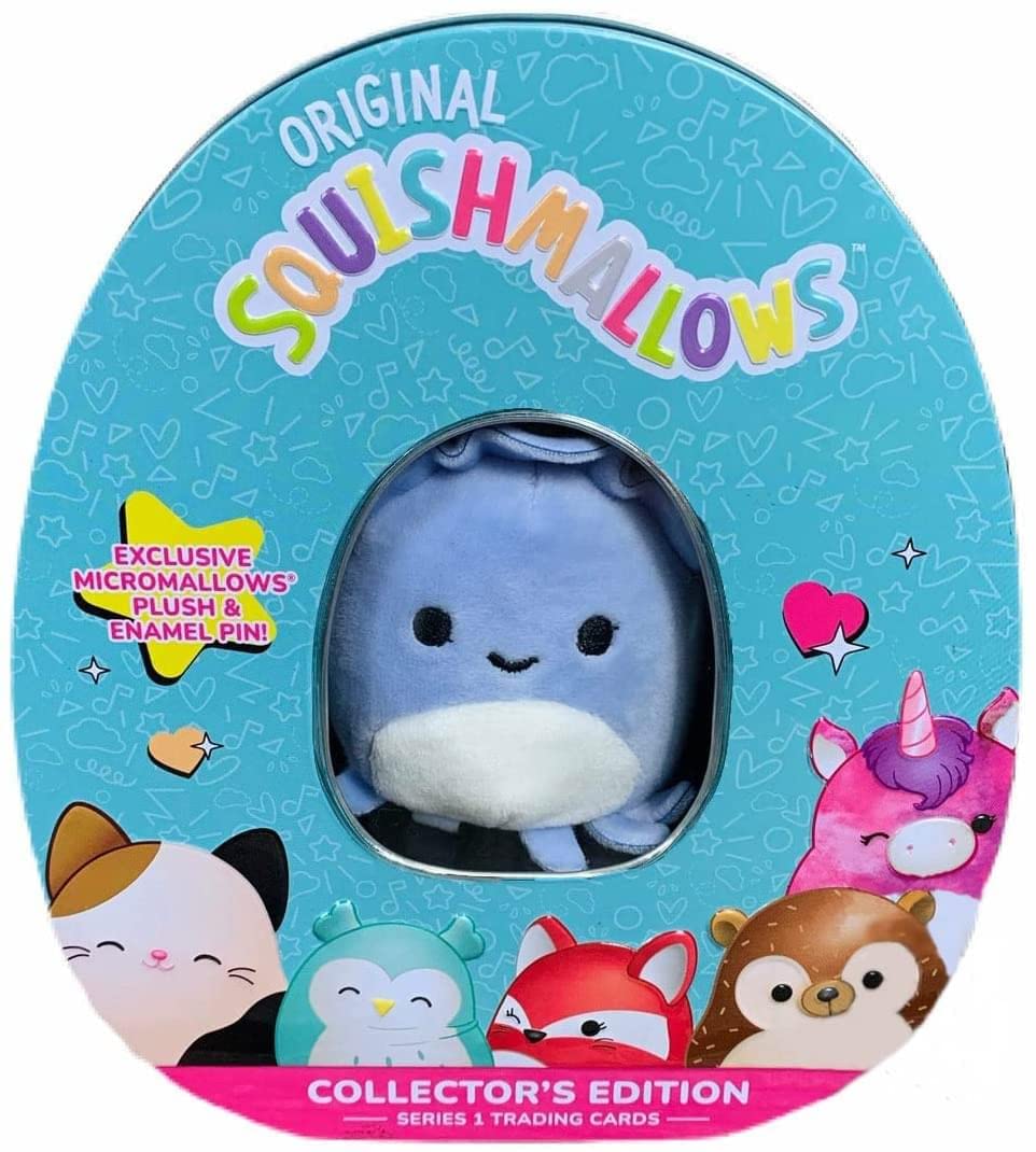 Squishmallows Official Kellytoy Collector&#x27;s Tin Set with Micromallow Exclusive Pin and Trading Cads Choose Your Favorite or Collect Them All (Stacy The Squid)