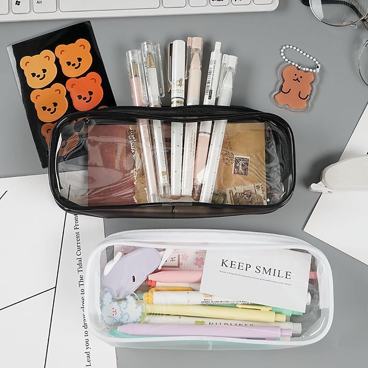 10 Pack Clear Pencil Case, PVC Pencil Bag Makeup Pouch, Big Capacity Travel Toiletry Bag with Zipper for Office Stationery and Travel Storage (Black+White)