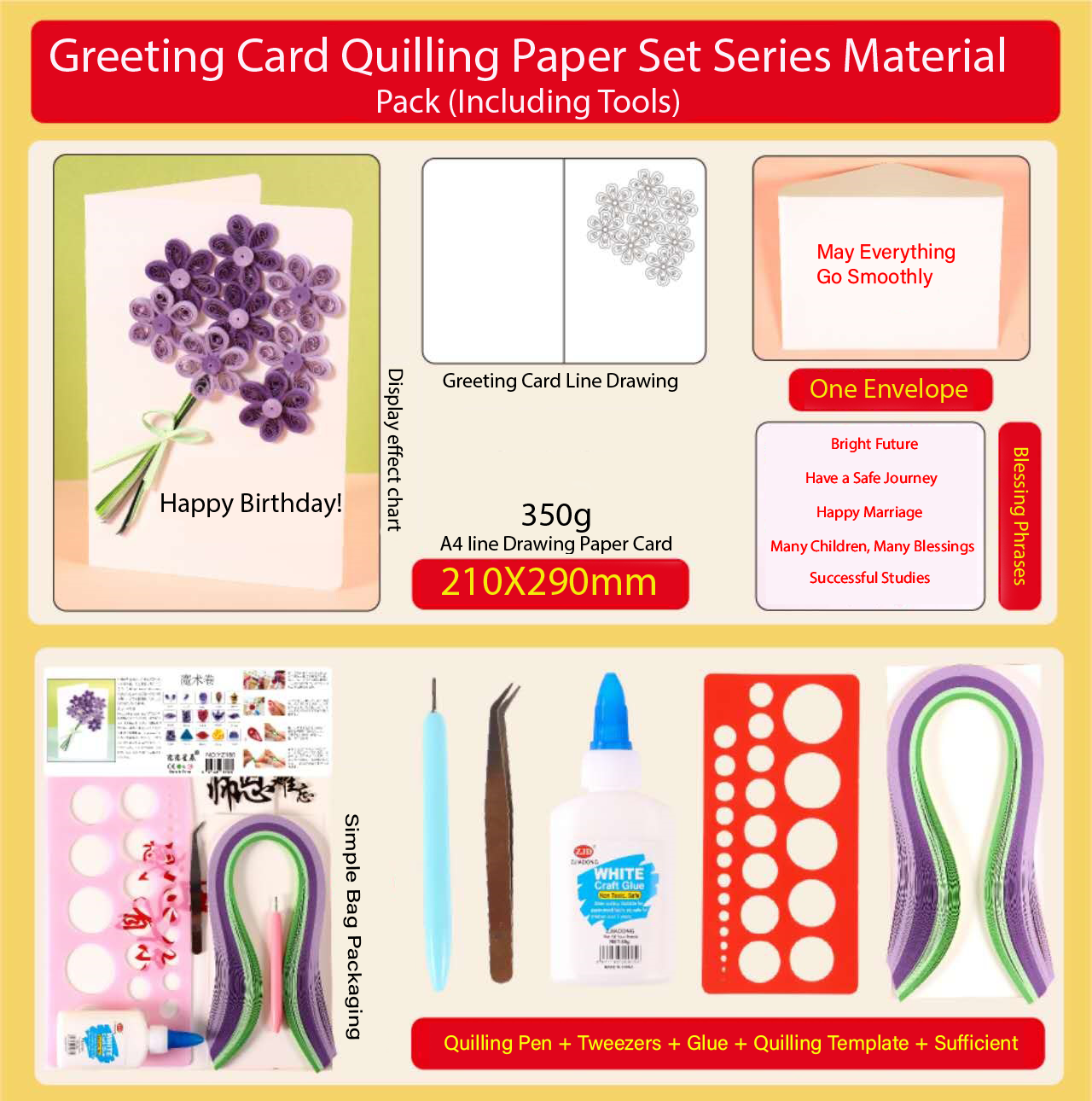 Greeting Card Making Kit. Lilac Flowers DIY Quilling Kit F07M3-5-FL1